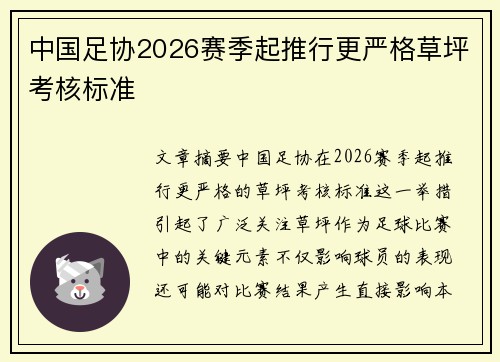 中国足协2026赛季起推行更严格草坪考核标准