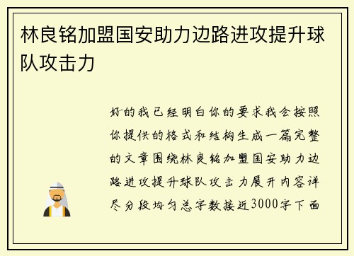 林良铭加盟国安助力边路进攻提升球队攻击力